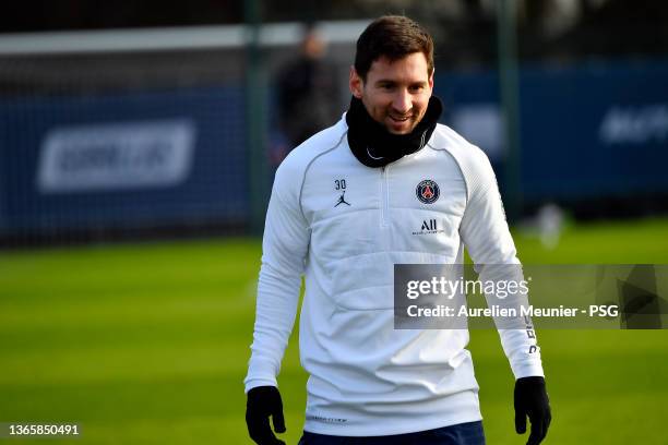 Leo Messi looks on during a Paris Saint-Germain training session at Ooredoo Center on January 20, 2022 in Paris, France.