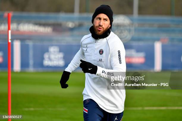 Sergio Ramos warms up during a Paris Saint-Germain training session at Ooredoo Center on January 20, 2022 in Paris, France.