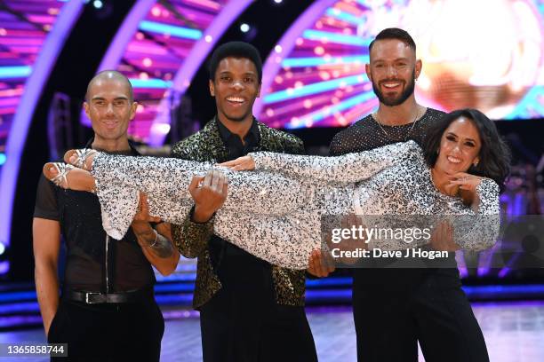 Janette Manrara poses with Max George, Rhys Stephenson and John Whaite during the Strictly Come Dancing Live Tour press launch at Utilita Arena...