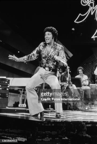 Welsh singer Tom Jones appears on US musical variety series 'The Midnight Special', USA, 1974.