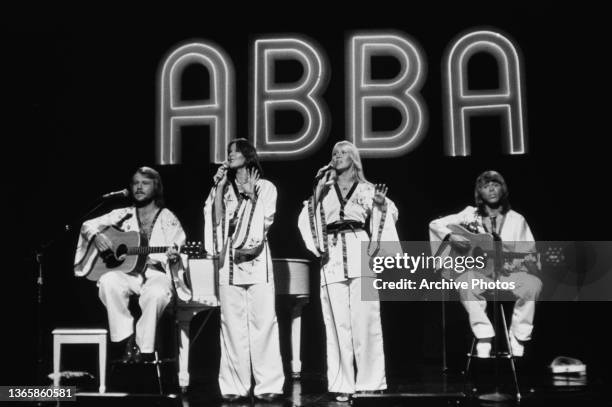 Swedish pop group ABBA appear on US musical variety series 'The Midnight Special', USA, 1976. From left to right, they are Benny Andersson, Anni-Frid...