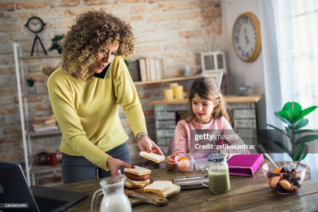 Madre preparando el almuerzo para el niño en la escuela