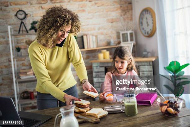 mother preparing lunch for the child in school - busy mom stock pictures, royalty-free photos & images