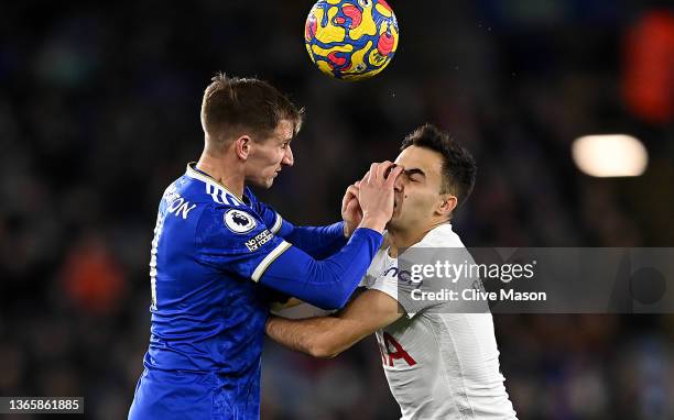 Marc Albrighton of Leicester City clashes with Sergio Reguilon of Tottenham Hotspur during the Premier League match between Leicester City and...