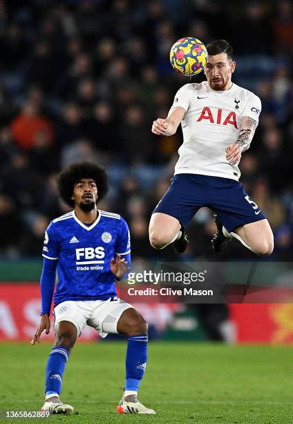 Hamza Choudhury of Leicester City looks on as Pierre-Emile Hojbjerg of Tottenham Hotspur controls the ball during the Premier League match between...
