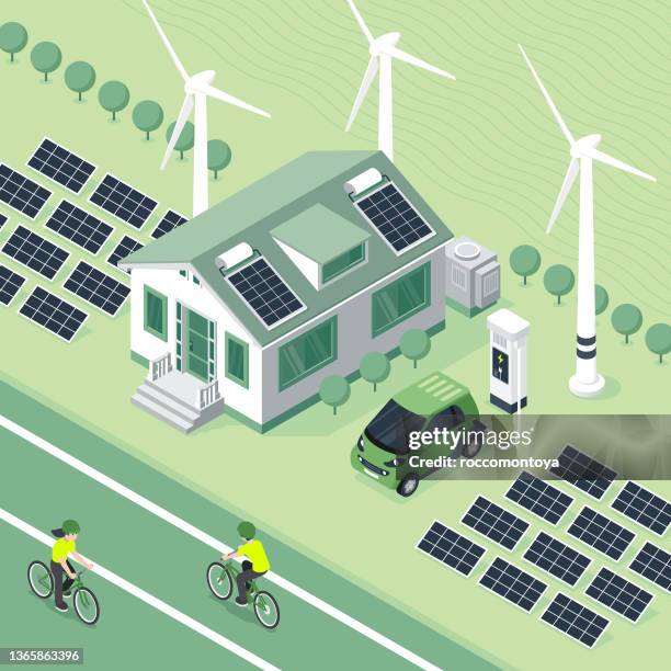 isometric smart city - renewable energy illustration stock illustrations