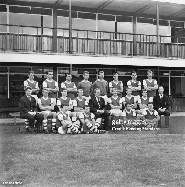 League Division One team Arsenal FC during the 1963-64 season, UK, 20th August 1963. From left to right Terry Neill, John Snedden, Vic Groves, Jack...