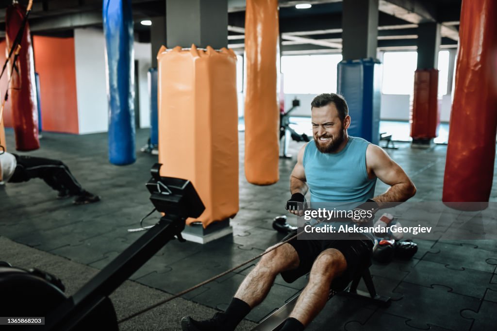Back Muscles Rowing Athletic Male Developing Back Muscles With Rowing Machine In Gym High ...