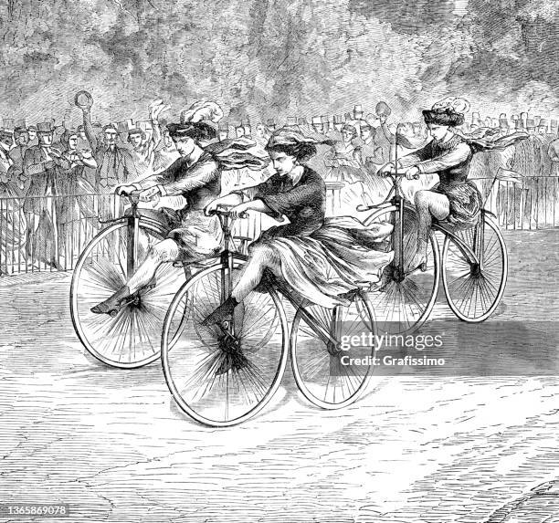 woman bicycle race in bordeaux france 1869 - racing bicycle stock illustrations