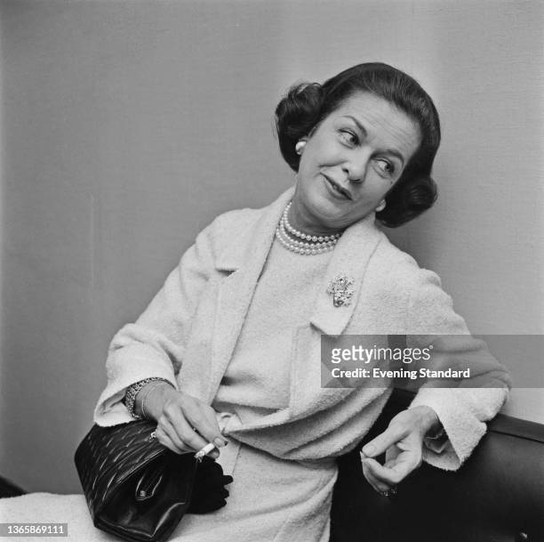 American actress Joan Bennett in London, UK, 26th August 1963. She is in the capital to star in the comedy 'Never Too Late' at the Prince of Wales...