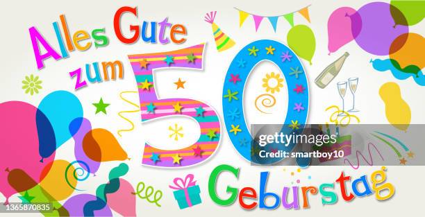 50th birthday greeting in english, happy birthday - 50th birthday cake stock illustrations