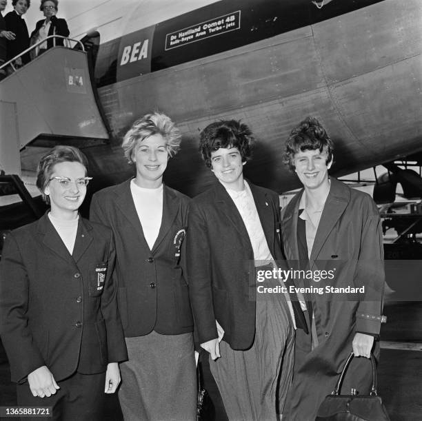 From left to right, British athletes Madeleine Cobb, Mary Rand, Daphne Arden and Dorothy Hyman, UK, 27th September 1963.
