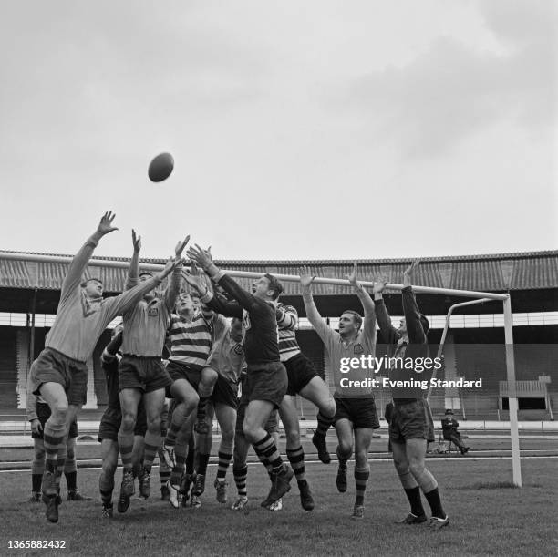 The Australian rugby league team training at White City Stadium in London during the 1963-64 Kangaroo tour of Britain and France, UK, 16th October...