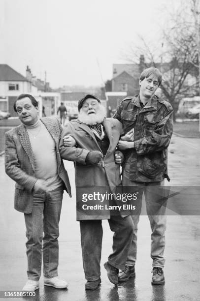 From left to right, actors David Jason, Buster Merryfield and Nicholas Lyndhurst of the BBC television sitcom 'Only Fools and Horses', UK, 20th...