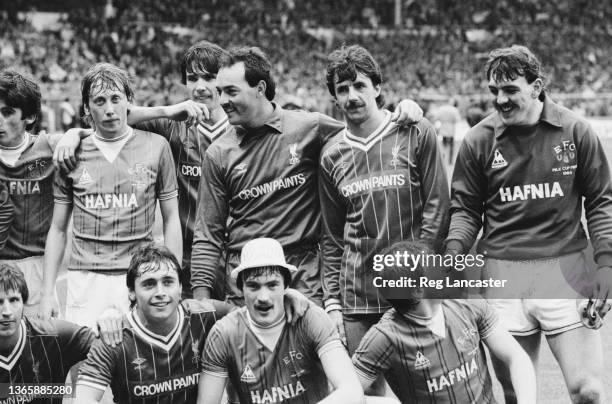 The teams take a joint lap of honour during the 1984 Football League Cup Final, known as the Milk Cup Final, between Everton and Liverpool at Wembley...