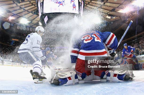 Jason Spezza of the Toronto Maple Leafs skates against Igor Shesterkin of the New York Rangers at Madison Square Garden on January 19, 2022 in New...