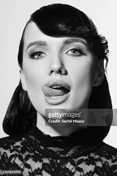 beauty portrait with tongue - stock photo - lip liner stock pictures, royalty-free photos & images