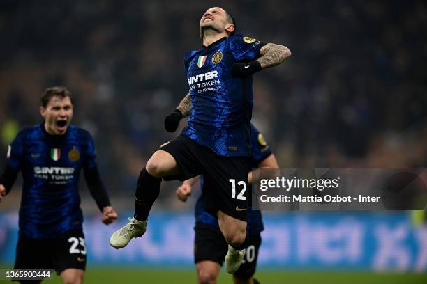 Stefano Sensi of FC Internazionale celebrates with teammates after scoring his team's third goal during the Coppa Italia match between FC...