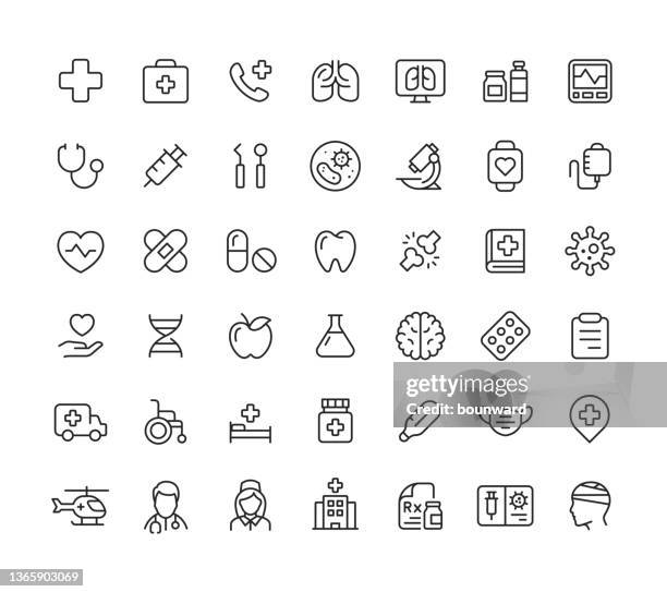 ilustraciones, imágenes clip art, dibujos animados e iconos de stock de 42 colección de iconos de línea médica trazo editable - certificado de inmunización