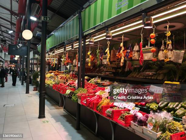 Greengrocer in Mercado de la Paz, traditional market in Barrio de Salamanca on October 28, 2021 in Madrid, Spain.