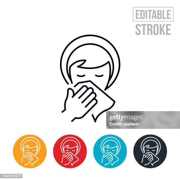 bildbanksillustrationer, clip art samt tecknat material och ikoner med woman blowing nose thin line icon - editable stroke - nysa