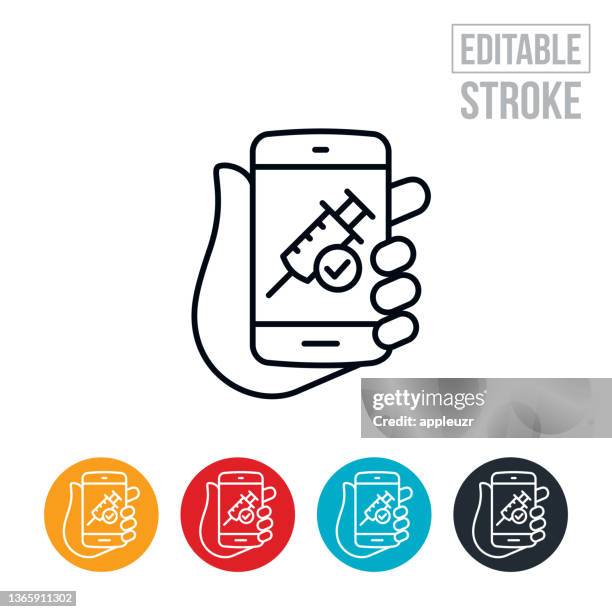 ilustraciones, imágenes clip art, dibujos animados e iconos de stock de prueba de vacunación en el teléfono icono de línea delgada - accidente cerebrovascular editable - certificado de inmunización