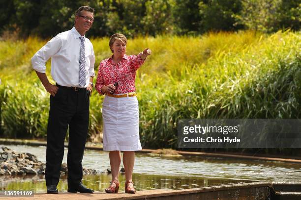 Queensland Premier Anna Bligh and Toowoomba Mayor Peter Taylor inspect West Creek on January 9, 2012 in Toowoomba on January 9, 2012 in Brisbane,...