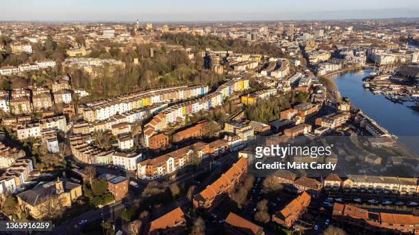 The sun shines on streets of residential houses, on January 16, 2022 in Bristol, England. Bristol has a large number of people on low incomes who are...