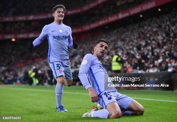 Ferran Torres of FC Barcelona celebrates with his team mate Pablo Martin Paez Gaviria 'Gavi' of FC Barcelona after scoring his team's first goal...