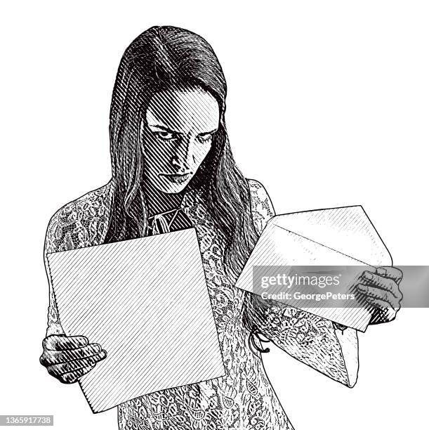 frustrated woman receiving mail with bad news - disappointment stock illustrations