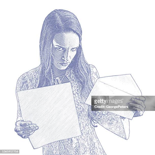 frustrated woman receiving mail with bad news - receiving treatment concerned stock illustrations