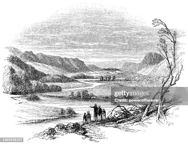 landscape around inverness, scotland - 11th century - etching stock illustrations