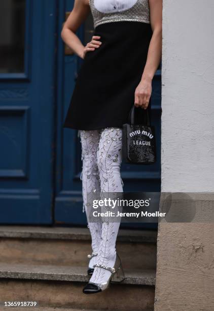 Lea Naumann wearing full Miu Miu look on January 18, 2022 in Berlin, Germany.