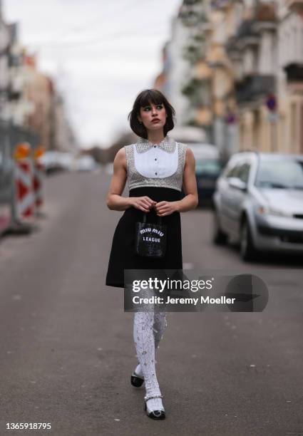 Lea Naumann wearing full Miu Miu look on January 18, 2022 in Berlin, Germany.