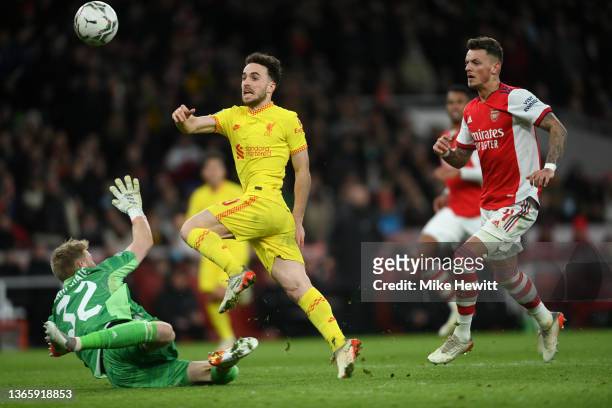 Diogo Jota of Liverpool scores his second goal during the Carabao Cup Semi Final Second Leg match between Arsenal and Liverpool at Emirates Stadium...