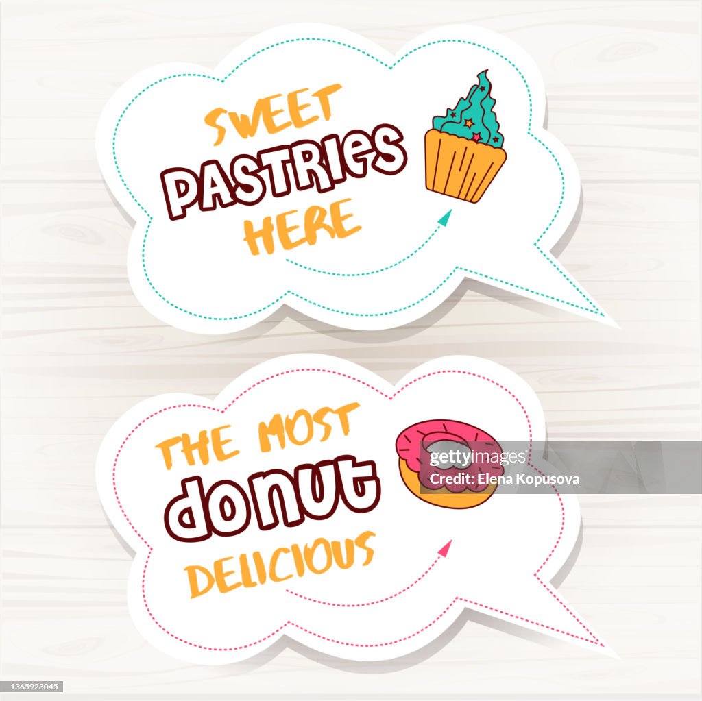 Bakery concept. Sweet pastry stickers on pastel rustic background. Graphic vector illustration in EPS 10 format.