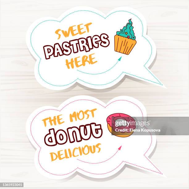 bakery concept. sweet pastry stickers on pastel rustic background. graphic vector illustration in eps 10 format. - bread baking paper stock illustrations