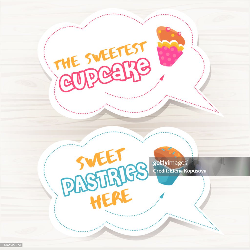 Bakery concept. Sweet pastry stickers on pastel rustic background. Graphic vector illustration in EPS 10 format.
