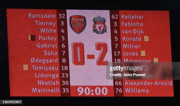 Final score board during the Carabao Cup Semi Final Second Leg match between Arsenal and Liverpool at Emirates Stadium on January 20, 2022 in London,...
