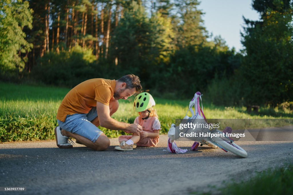 Mature man applying bandage to his little daughter after fall from bike outdoors in park.