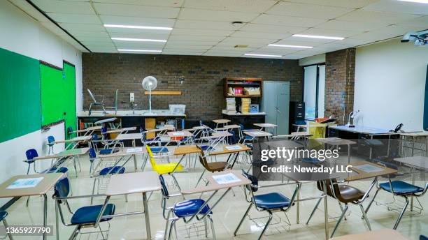 Photo of a socially distanced Hempstead High School classroom in Hempstead, New York, on September 2, 2020.