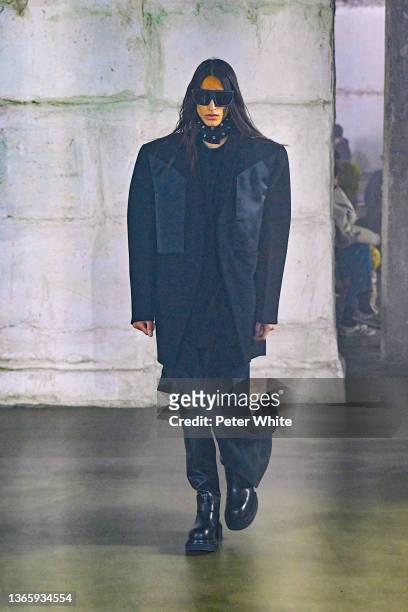 Model walks the runway during the Rick Owens Menswear Fall/Winter 2022-2023 show as part of Paris Fashion Week on January 20, 2022 in Paris, France.