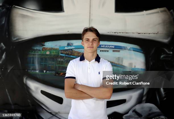 Oscar Piastri poses after he was presented with the Sir Jack Brabham Award at Albert Park on January 21, 2022 in Melbourne, Australia.
