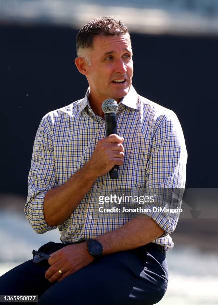 Former Australian cricketer Michael Hussey is pictured during the 2022 ICC Men's Cricket World Cup Fixture Launch at Melbourne Cricket Ground on...