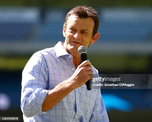 Former Australian cricketer Adam Gilchrist is pictured during the 2022 ICC Men's Cricket World Cup Fixture Launch at Melbourne Cricket Ground on...