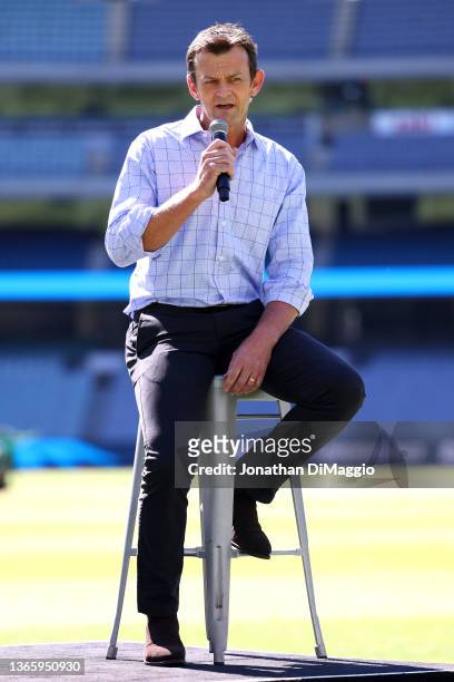 Former Australian cricketer Adam Gilchrist is pictured during the 2022 ICC Men's Cricket World Cup Fixture Launch at Melbourne Cricket Ground on...