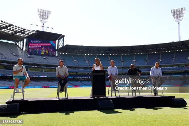From left to right, Australian T20 Captian Aaron Finch, former Australian cricketer Michael Hussey, former England cricketer Michael Vaughan, former...