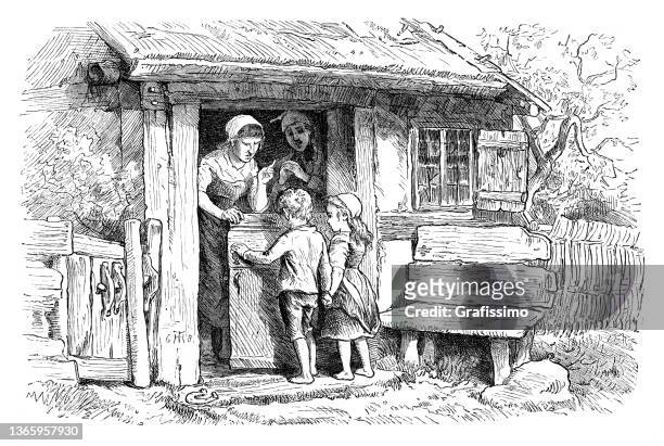 stockillustraties, clipart, cartoons en iconen met fairy tale hansel and gretel with parents drawing 1869 - hansel and gretel