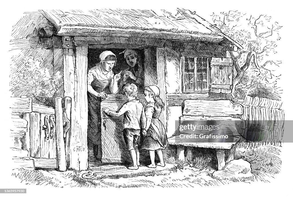Fairy tale Hansel and Gretel with parents drawing 1869