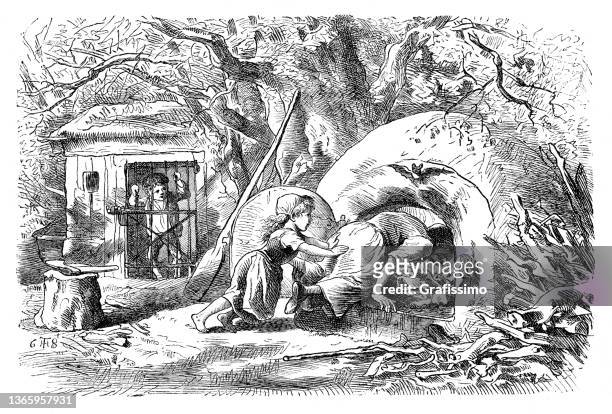 stockillustraties, clipart, cartoons en iconen met fairy tale gretel throwing witch into the oven drawing 1869 - hansel and gretel